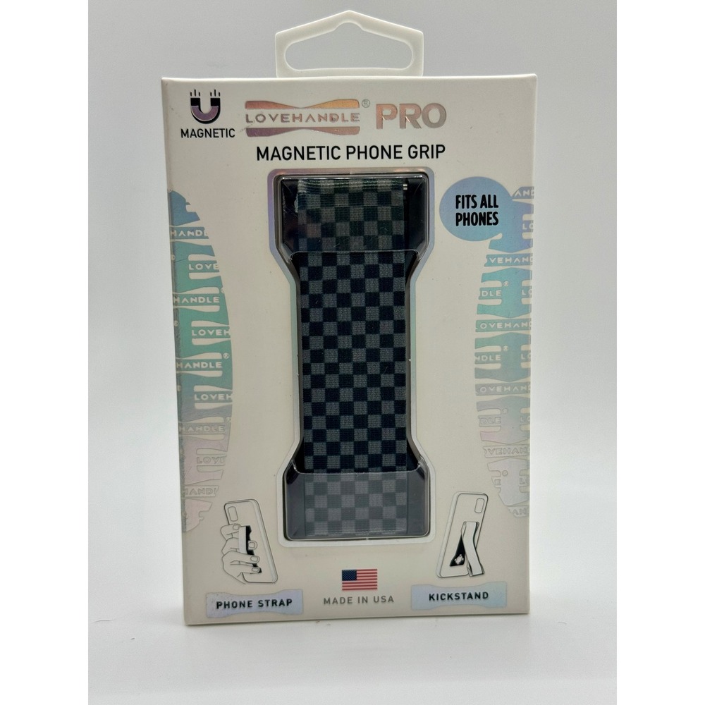 LoveHandle PRO Magnetic Phone Grip Universal Grey Checkered Kickstand Strap NEW